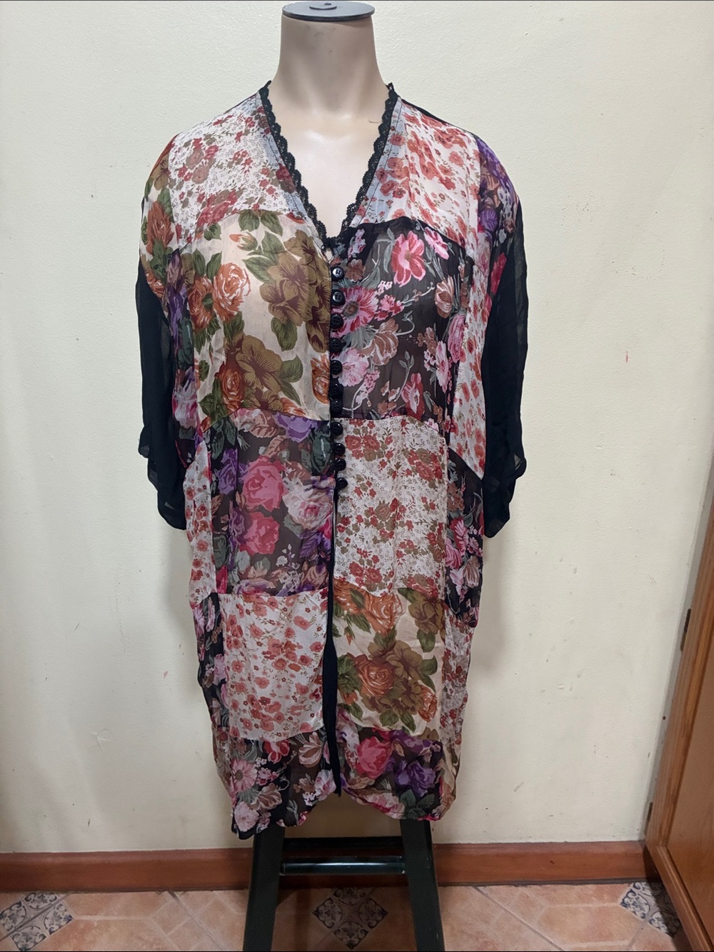 La Femme Black Floral Patchwork Sheer Kimono Robe